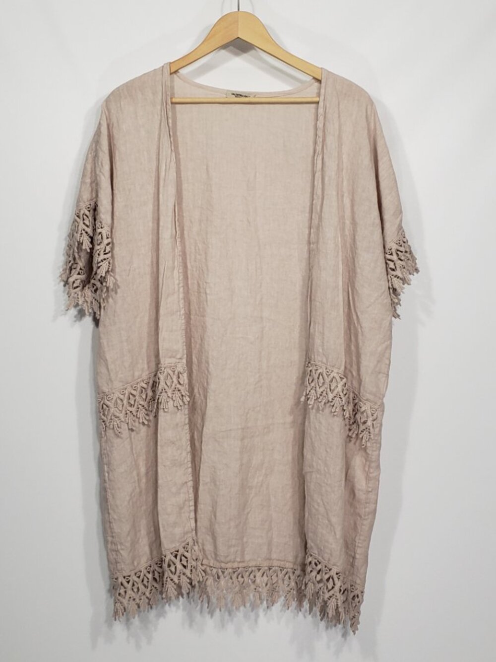 Valentina Naldi Open Front Tan Linen Duster One Size Crochet Trim Festival Boho